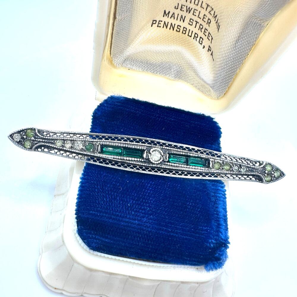 Antique Edwardian 1900s sterling silver clear green rhinestones bar pin brooch